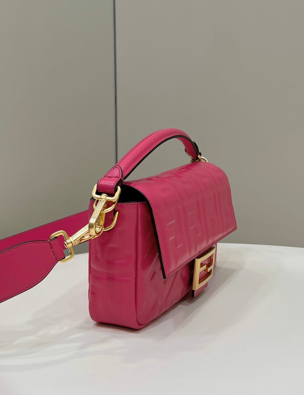 FENDI BAGUETTE WITH FF MOTIF 27 IN CERISH PINK SOFT LAMBSKIN GOLD HARDWARE