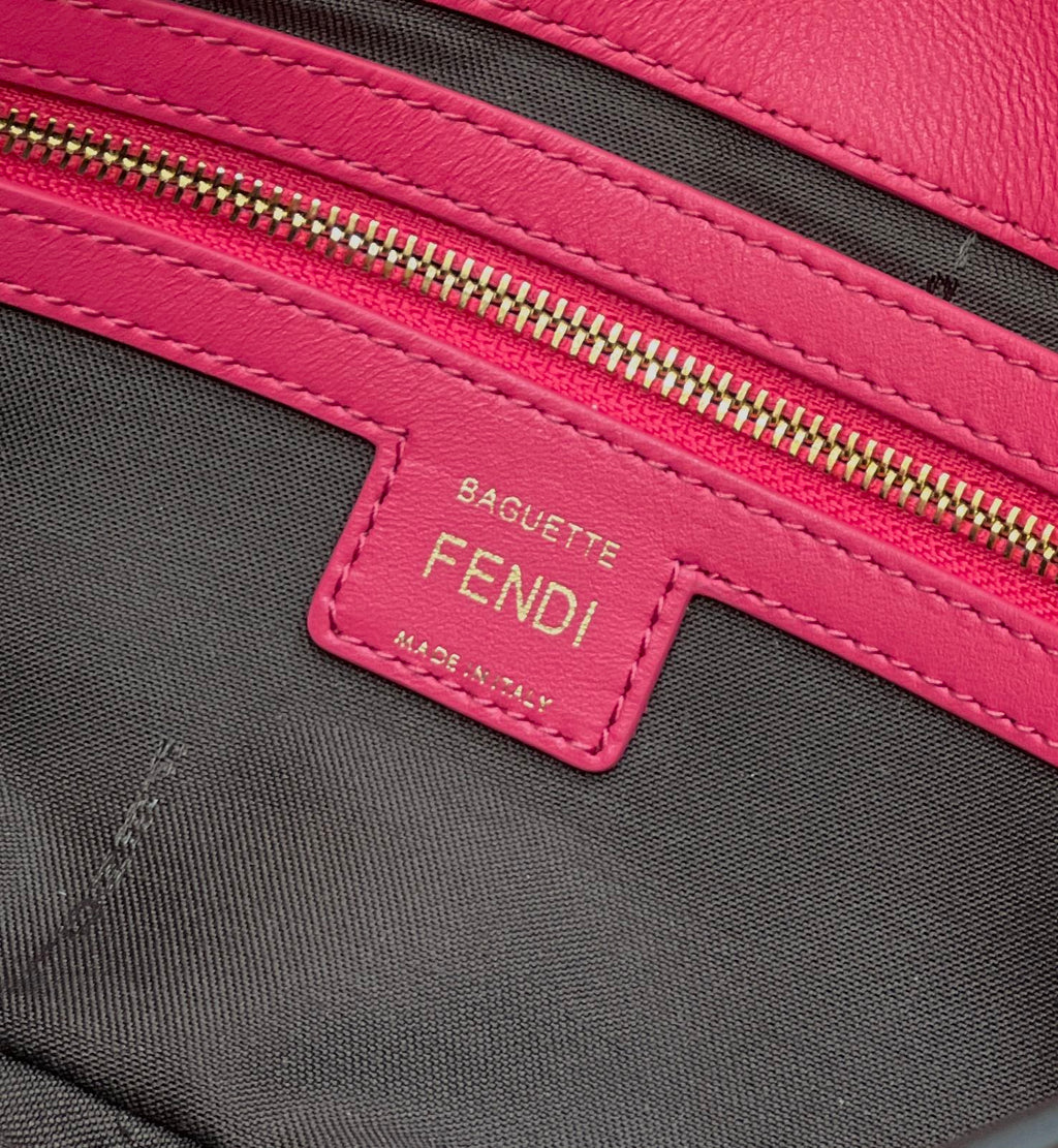 FENDI BAGUETTE WITH FF MOTIF 27 IN CERISH PINK SOFT LAMBSKIN GOLD HARDWARE