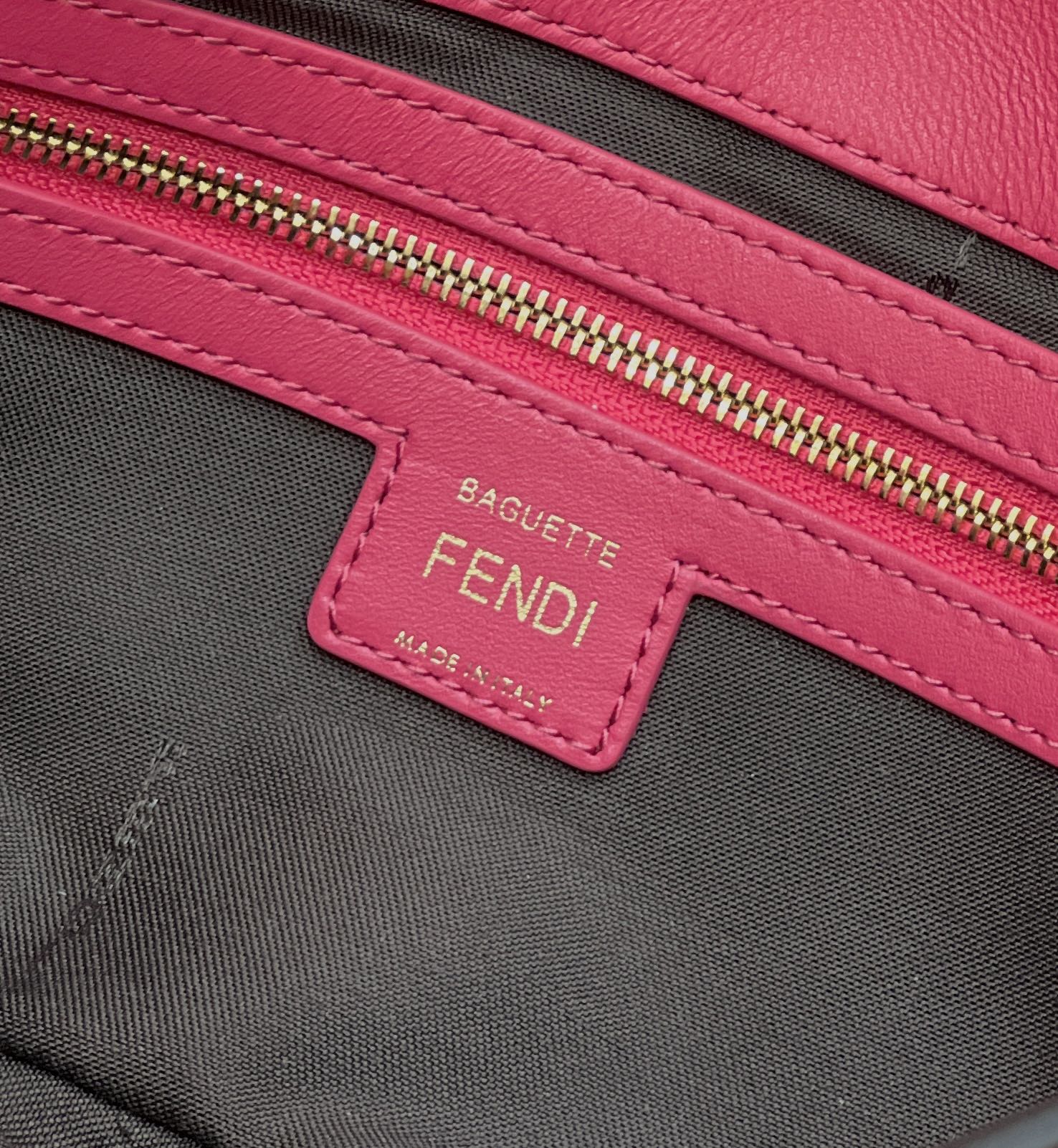 FENDI BAGUETTE WITH FF MOTIF 27 IN CERISH PINK SOFT LAMBSKIN GOLD HARDWARE