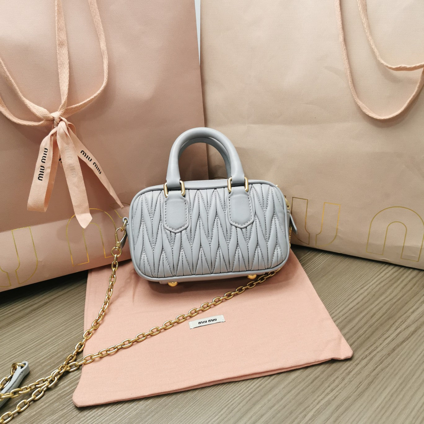 MIU MIU TOO PRETTY 17 HANDBAG LIGHT GREY LAMBSKIN