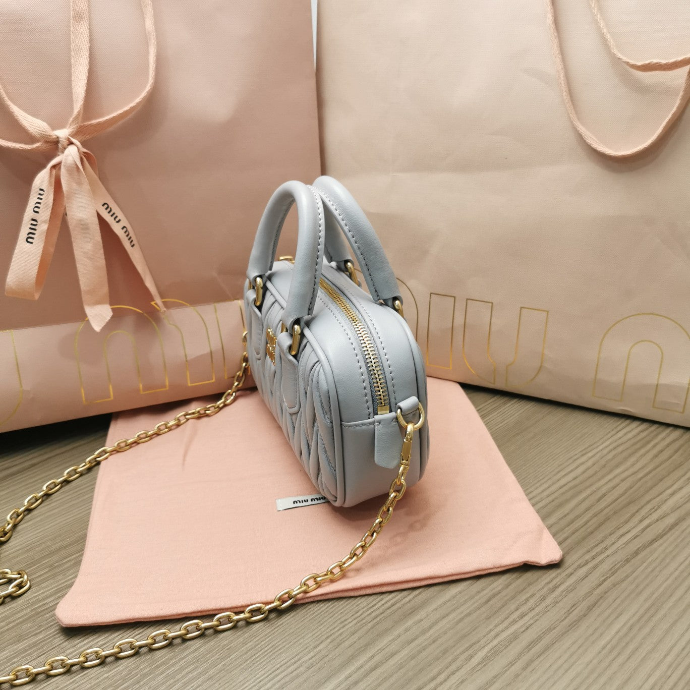 MIU MIU TOO PRETTY 17 HANDBAG LIGHT GREY LAMBSKIN