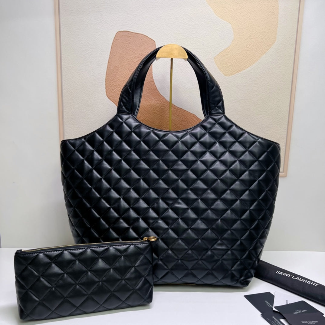 SAINT LAURENT ICARE 58 MAXI SHOPPING BAG IN BLACK LAMBSKIN GOLD-TONE METALLIC