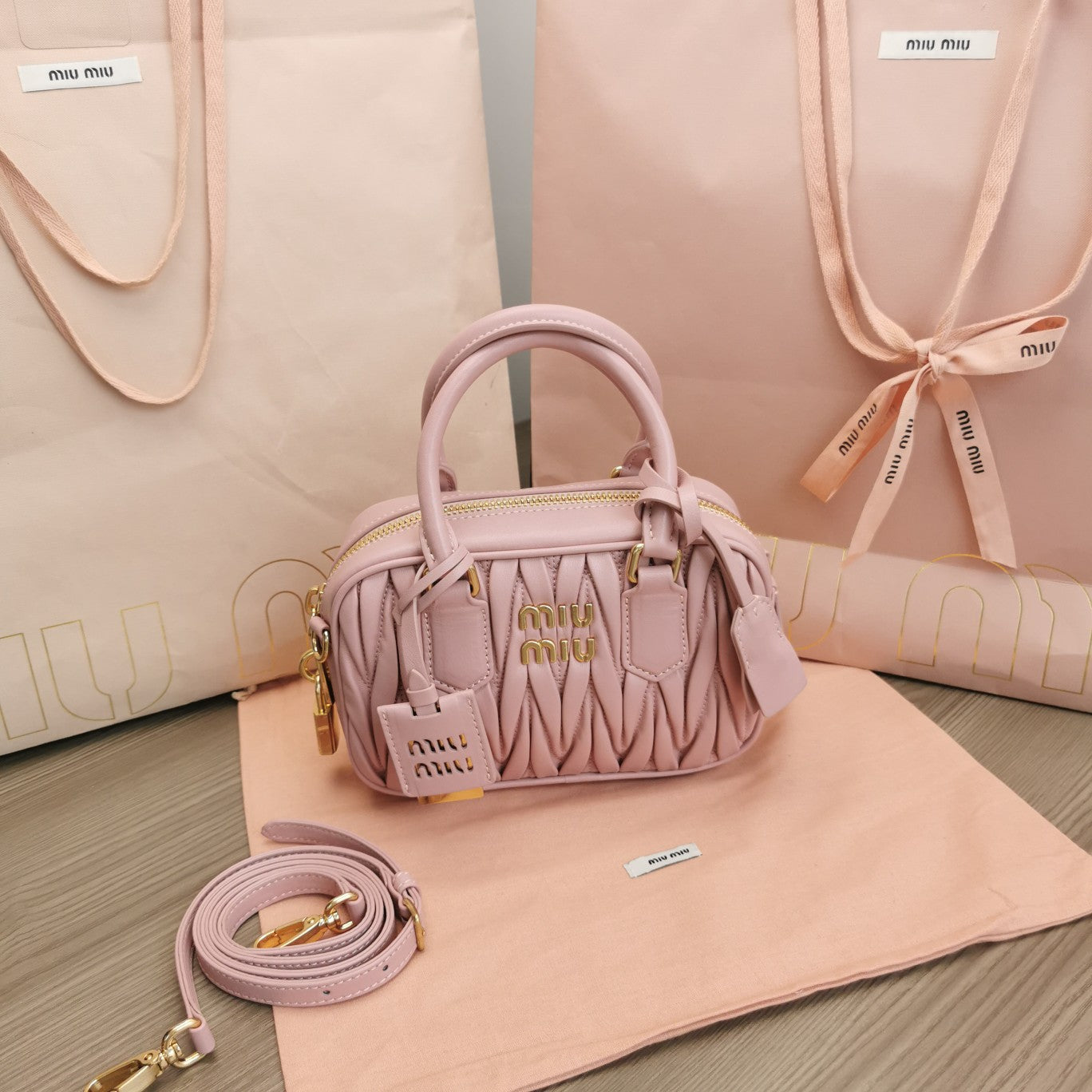 MIU MIU ARCADIE MATELASSÉ NAPPA SMALL BAG 19 IN PASTEL PINK LAMBSKIN GOLD HARDWARE