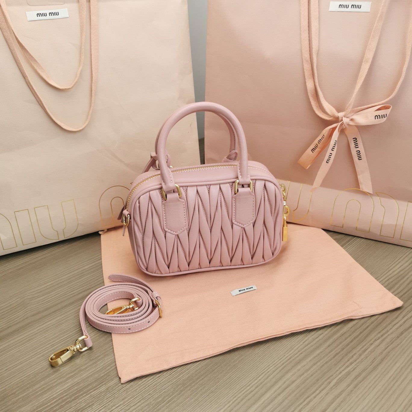 MIU MIU ARCADIE MATELASSÉ NAPPA SMALL BAG 19 IN PASTEL PINK LAMBSKIN GOLD HARDWARE