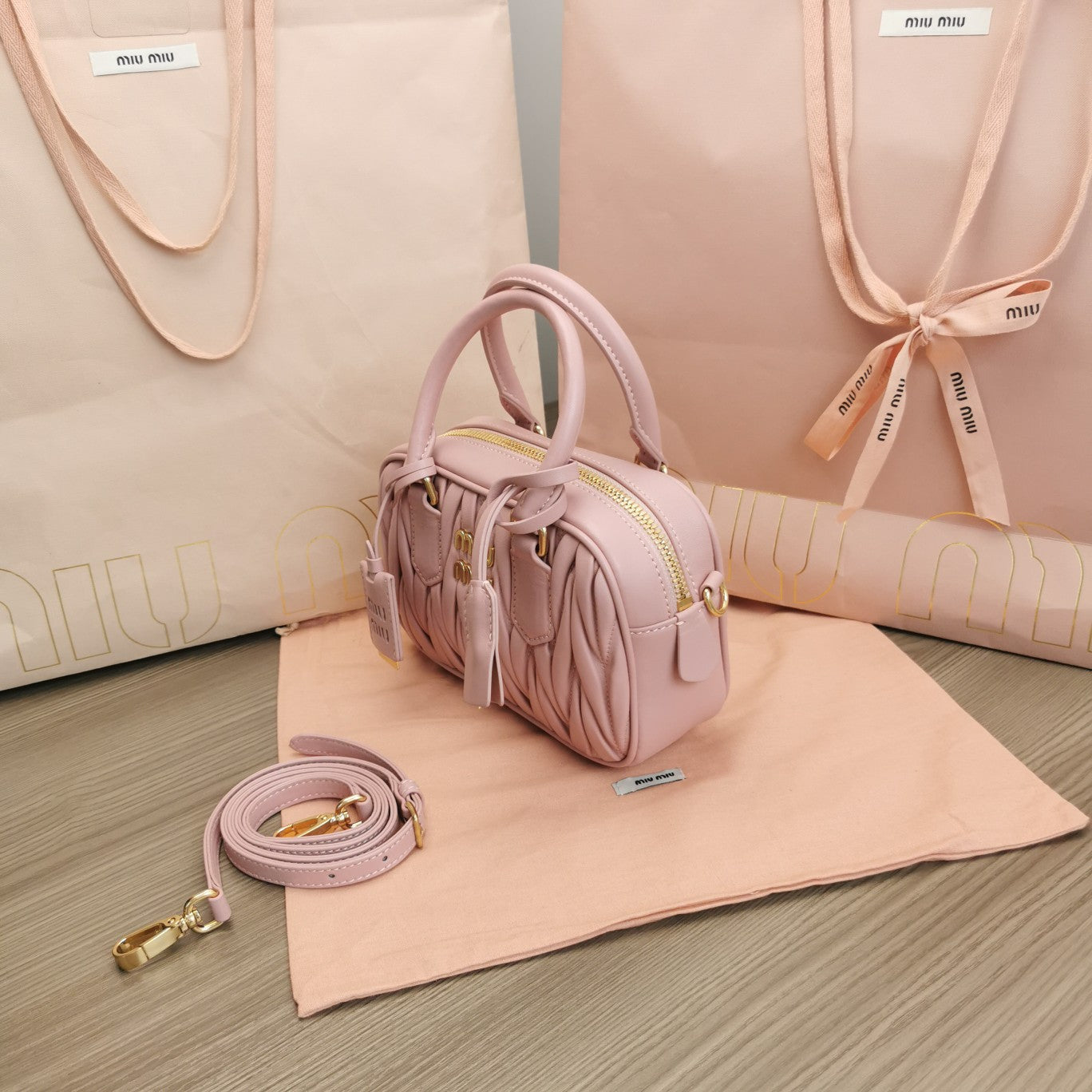 MIU MIU ARCADIE MATELASSÉ NAPPA SMALL BAG 19 IN PASTEL PINK LAMBSKIN GOLD HARDWARE