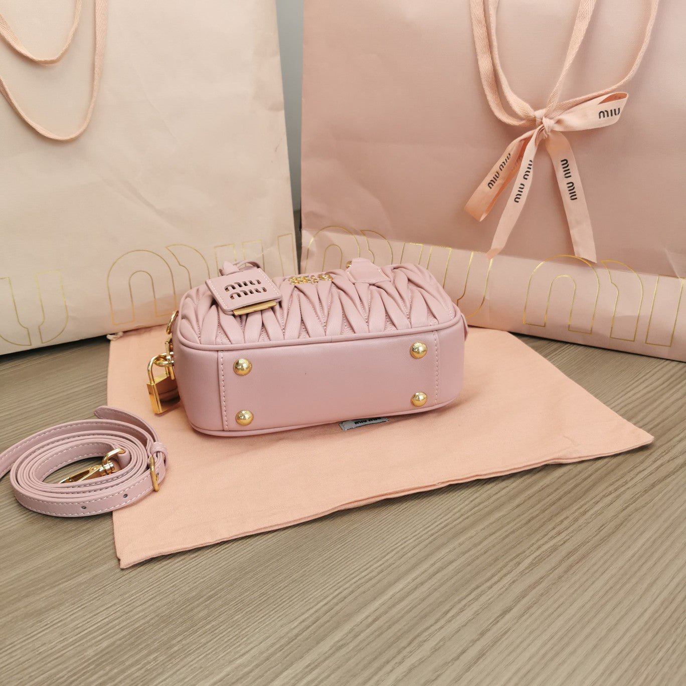 MIU MIU ARCADIE MATELASSÉ NAPPA SMALL BAG 19 IN PASTEL PINK LAMBSKIN GOLD HARDWARE