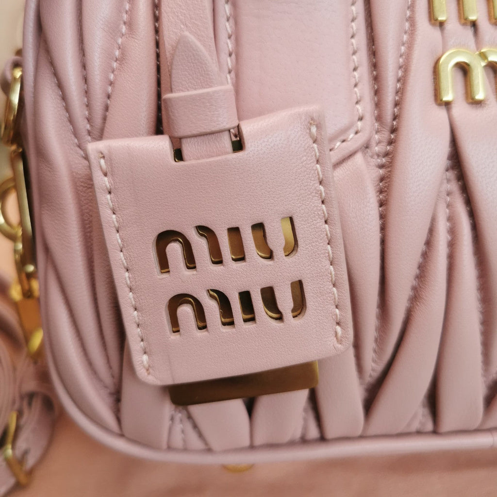 MIU MIU ARCADIE MATELASSÉ NAPPA SMALL BAG 19 IN PASTEL PINK LAMBSKIN GOLD HARDWARE
