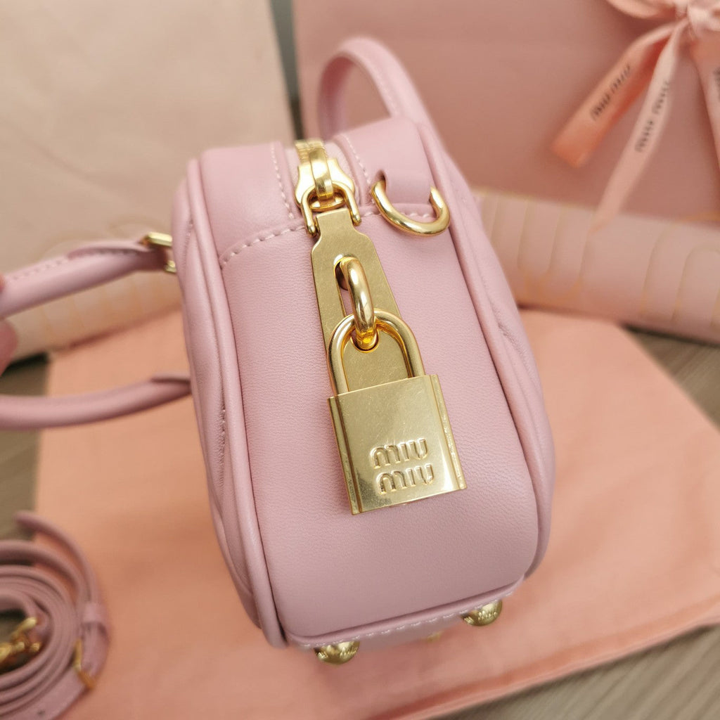 MIU MIU ARCADIE MATELASSÉ NAPPA SMALL BAG 19 IN PASTEL PINK LAMBSKIN GOLD HARDWARE