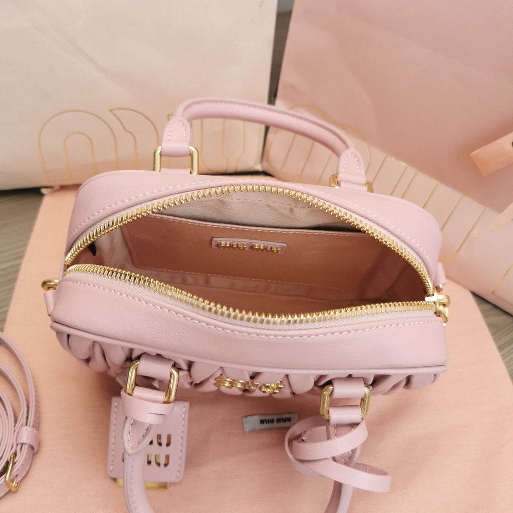 MIU MIU ARCADIE MATELASSÉ NAPPA SMALL BAG 19 IN PASTEL PINK LAMBSKIN GOLD HARDWARE