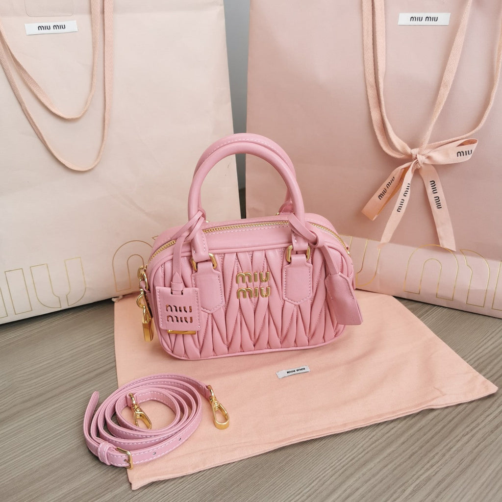 MIU MIU ARCADIE MATELASSÉ NAPPA SMALL BAG 19 IN FLAMINGO PINK LAMBSKIN GOLD HARDWARE