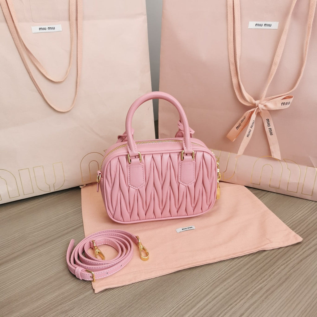 MIU MIU ARCADIE MATELASSÉ NAPPA SMALL BAG 19 IN FLAMINGO PINK LAMBSKIN GOLD HARDWARE