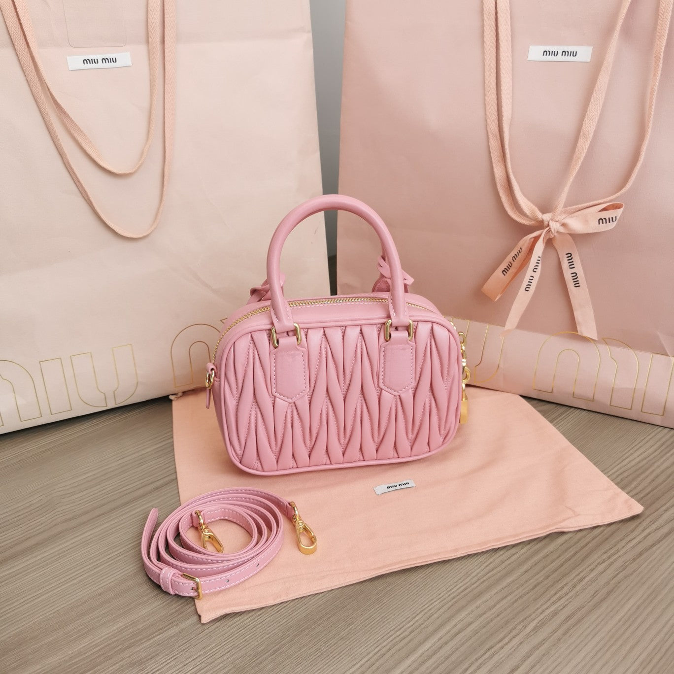 MIU MIU ARCADIE MATELASSÉ NAPPA SMALL BAG 19 IN FLAMINGO PINK LAMBSKIN GOLD HARDWARE