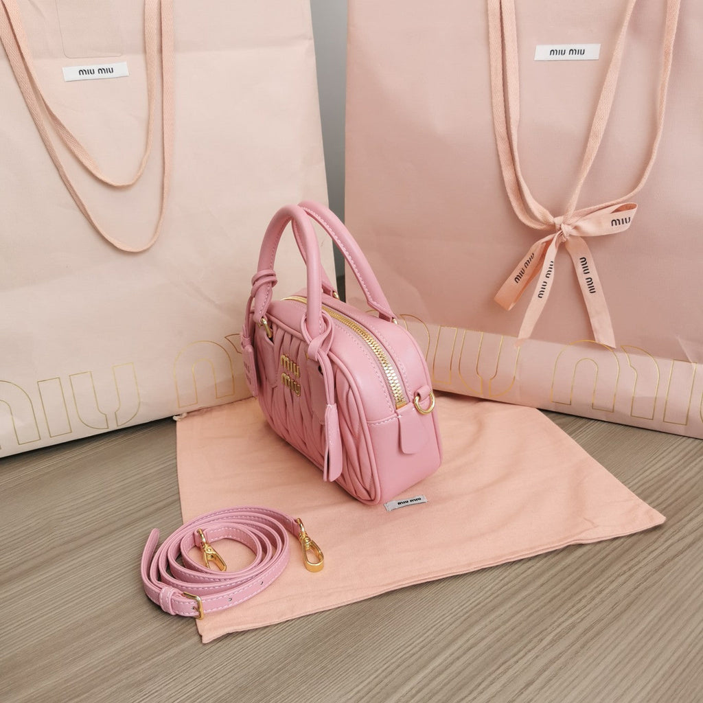 MIU MIU ARCADIE MATELASSÉ NAPPA SMALL BAG 19 IN FLAMINGO PINK LAMBSKIN GOLD HARDWARE