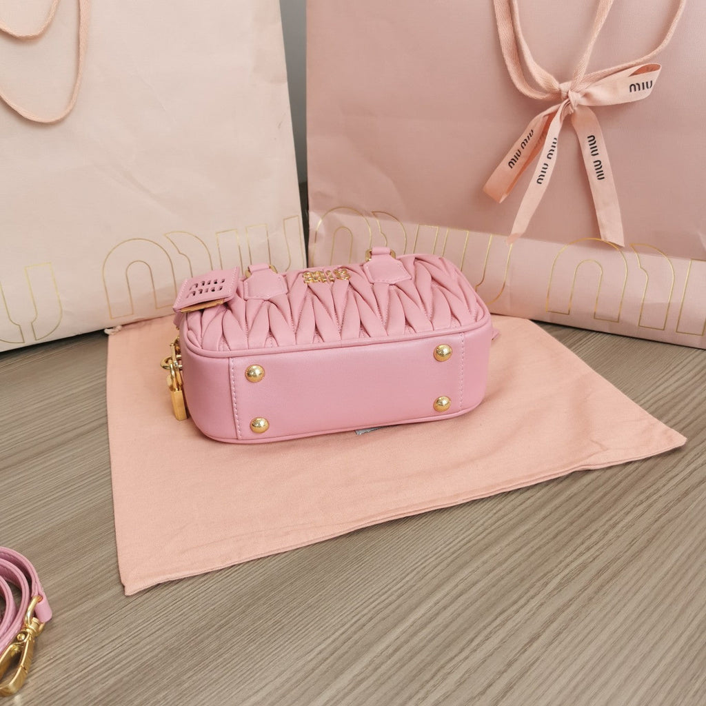 MIU MIU ARCADIE MATELASSÉ NAPPA SMALL BAG 19 IN FLAMINGO PINK LAMBSKIN GOLD HARDWARE