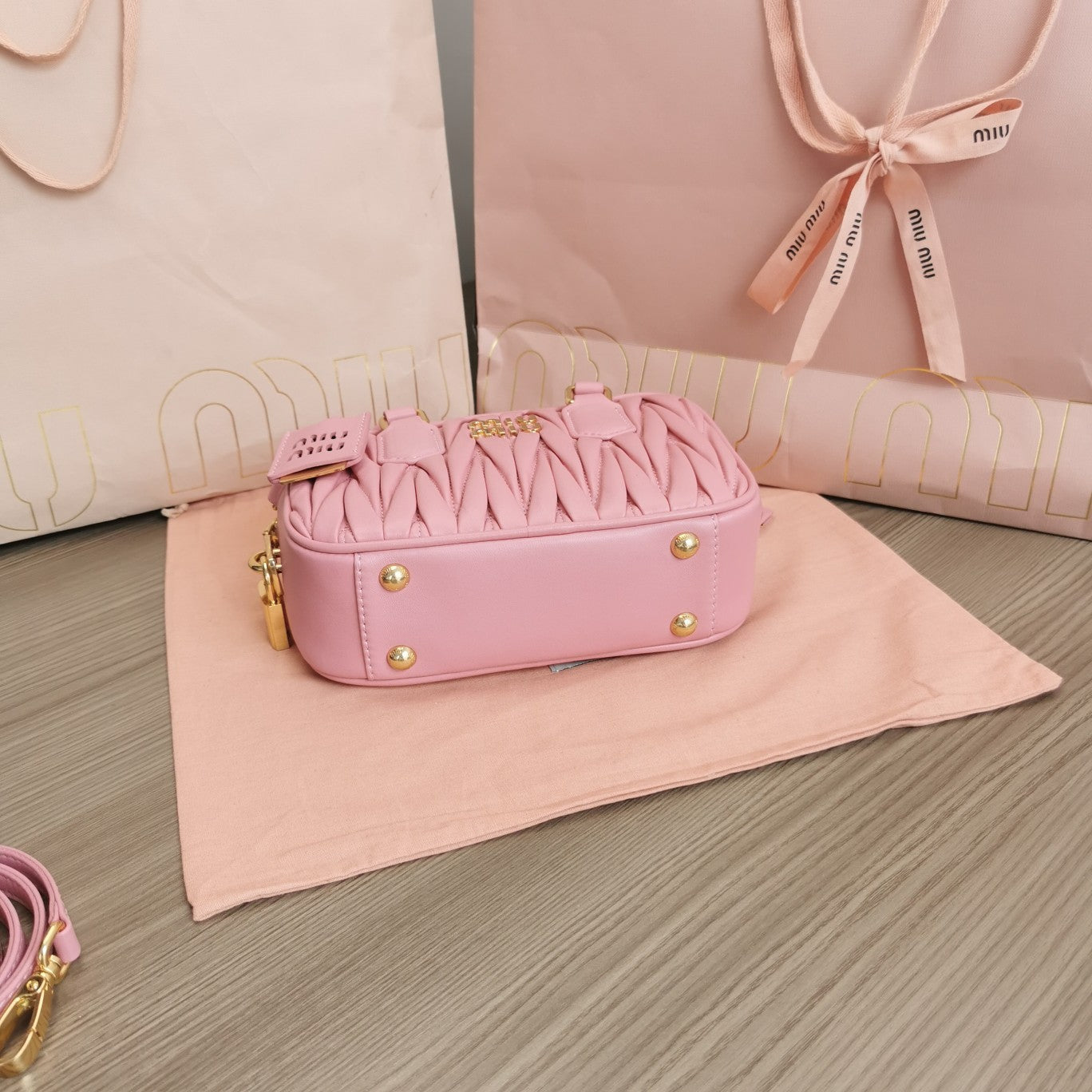 MIU MIU ARCADIE MATELASSÉ NAPPA SMALL BAG 19 IN FLAMINGO PINK LAMBSKIN GOLD HARDWARE