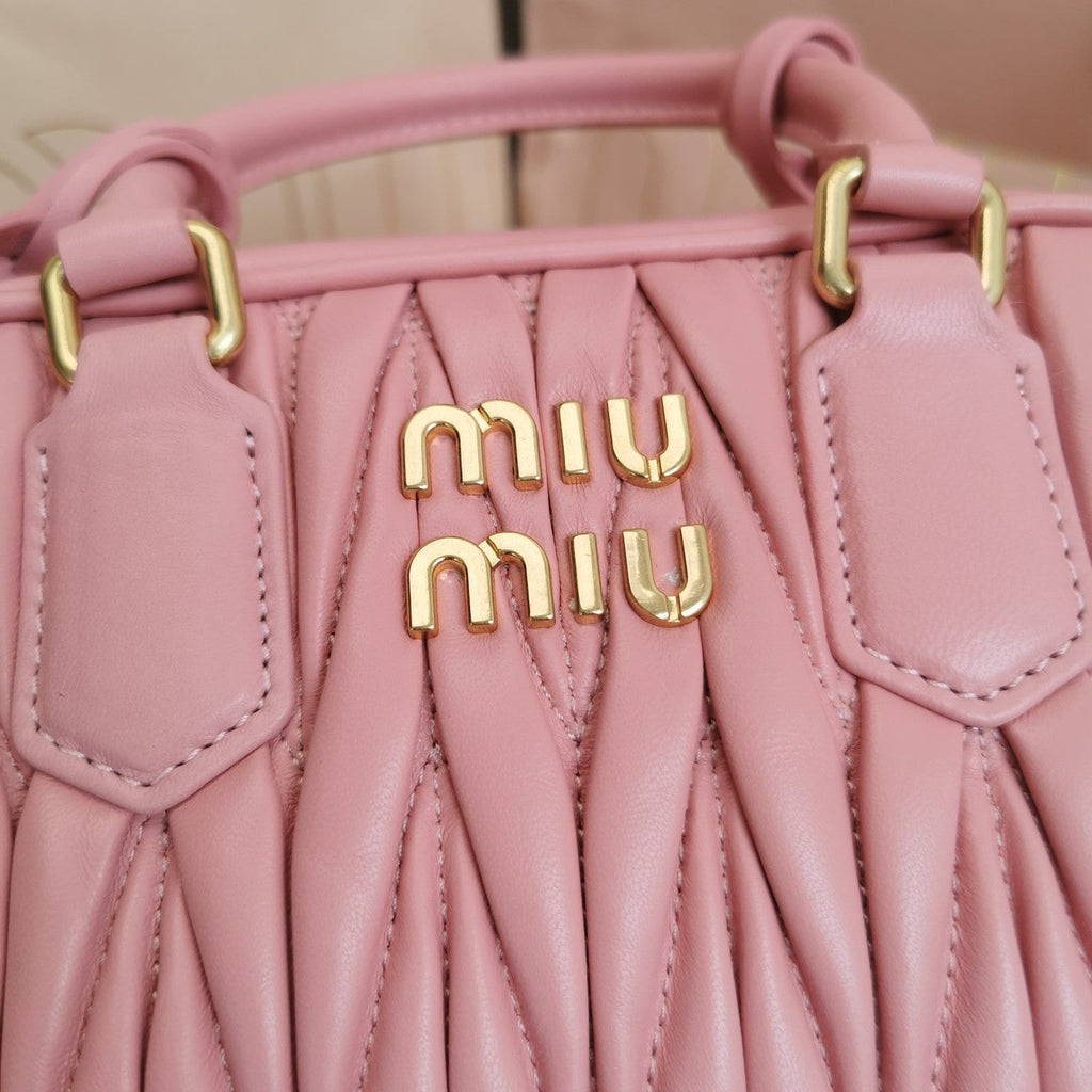 MIU MIU ARCADIE MATELASSÉ NAPPA SMALL BAG 19 IN FLAMINGO PINK LAMBSKIN GOLD HARDWARE