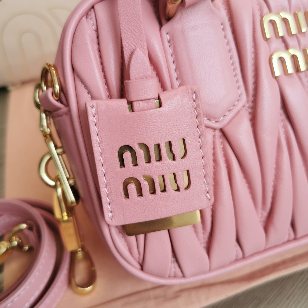 MIU MIU ARCADIE MATELASSÉ NAPPA SMALL BAG 19 IN FLAMINGO PINK LAMBSKIN GOLD HARDWARE