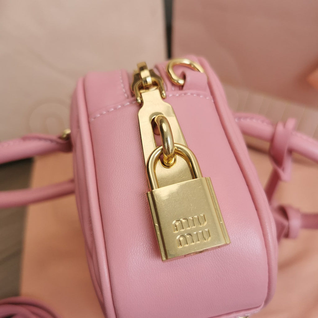 MIU MIU ARCADIE MATELASSÉ NAPPA SMALL BAG 19 IN FLAMINGO PINK LAMBSKIN GOLD HARDWARE