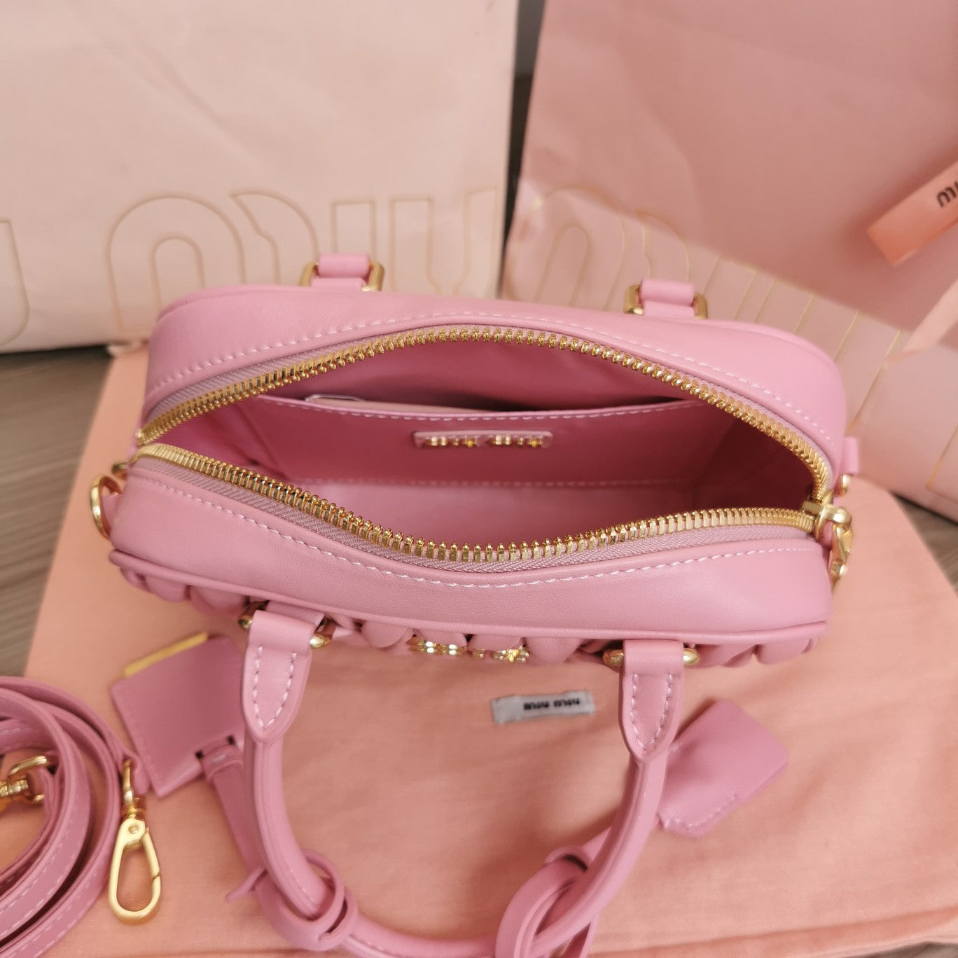 MIU MIU ARCADIE MATELASSÉ NAPPA SMALL BAG 19 IN FLAMINGO PINK LAMBSKIN GOLD HARDWARE
