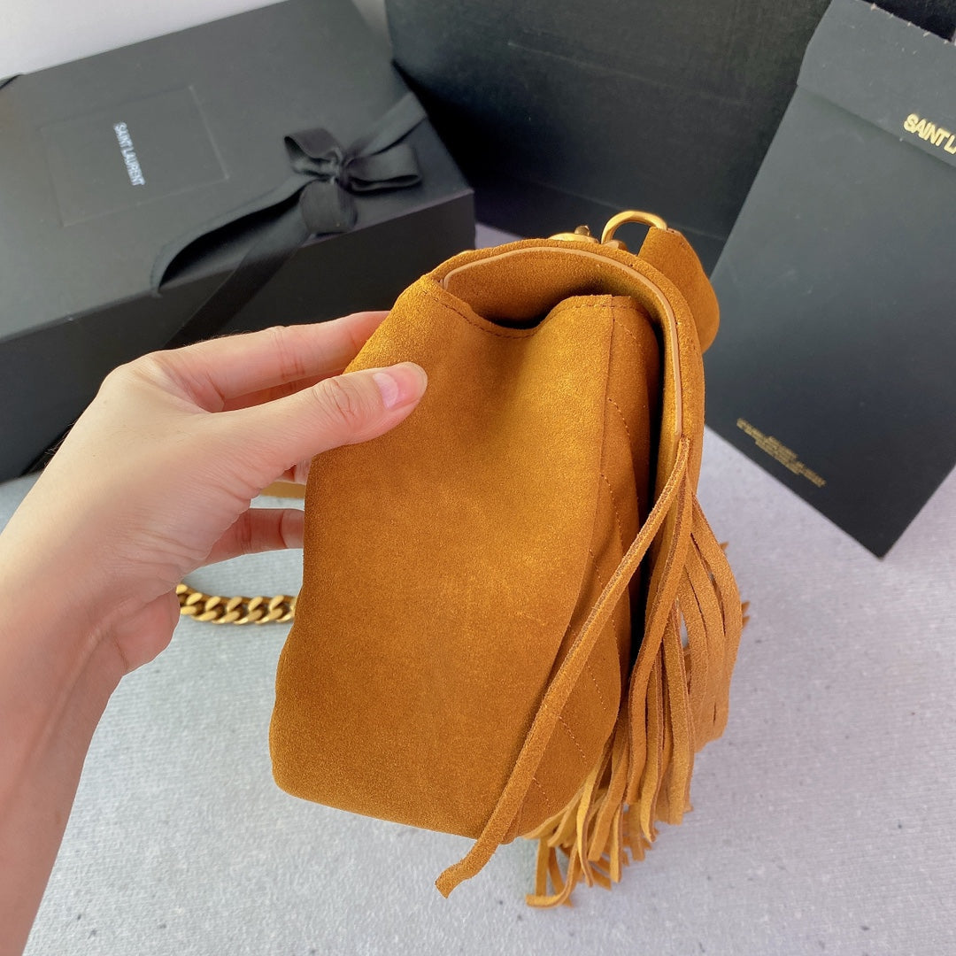 SAINT LAURENT COLLEGE TASSEL 24 IN ORANGE PEEL SUEDE GOLD HARDWARE