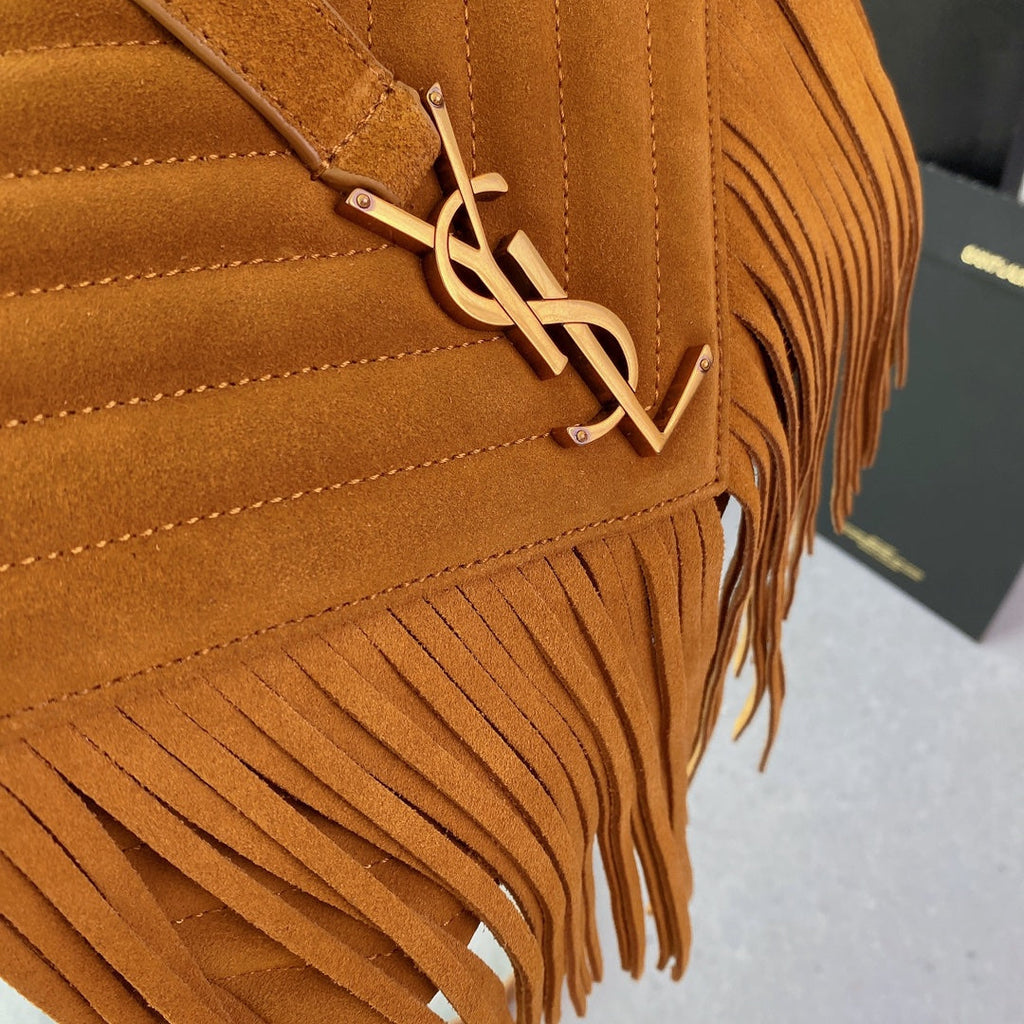 SAINT LAURENT COLLEGE TASSEL 24 IN ORANGE PEEL SUEDE GOLD HARDWARE