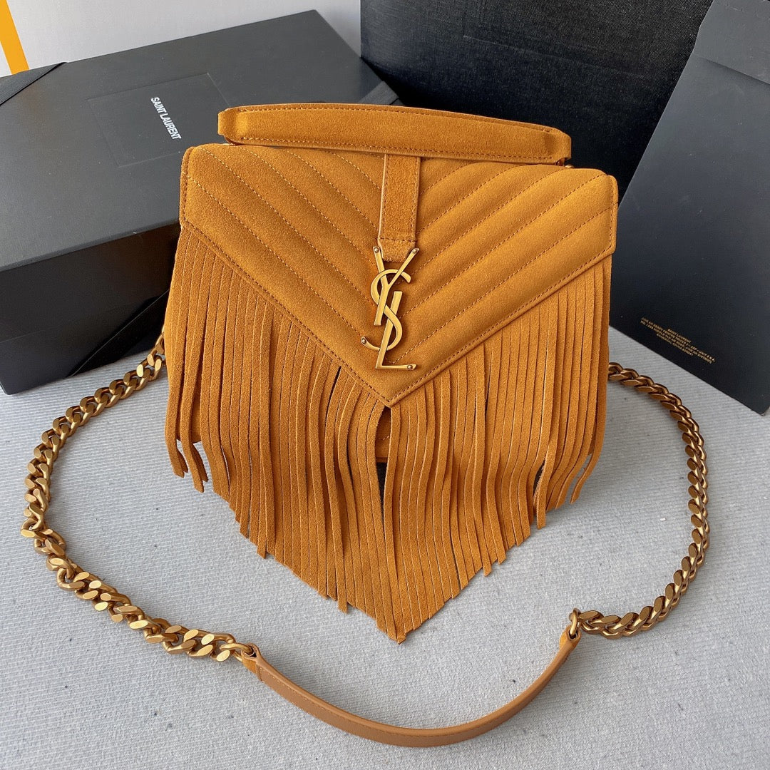 SAINT LAURENT COLLEGE TASSEL 24 IN ORANGE PEEL SUEDE GOLD HARDWARE