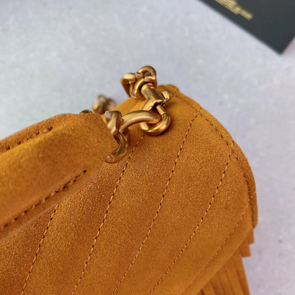 SAINT LAURENT COLLEGE TASSEL 24 IN ORANGE PEEL SUEDE GOLD HARDWARE