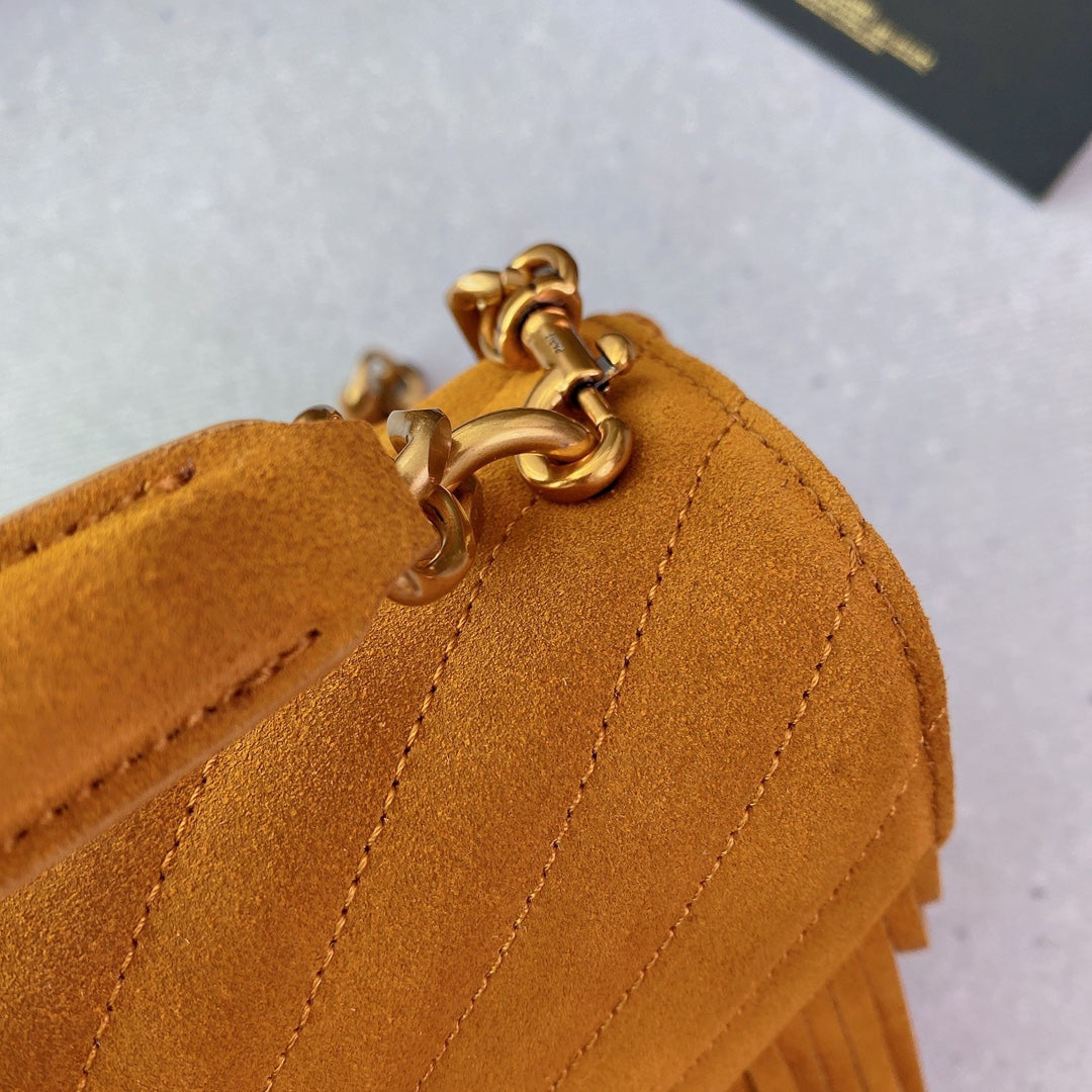 SAINT LAURENT COLLEGE TASSEL 24 IN ORANGE PEEL SUEDE GOLD HARDWARE