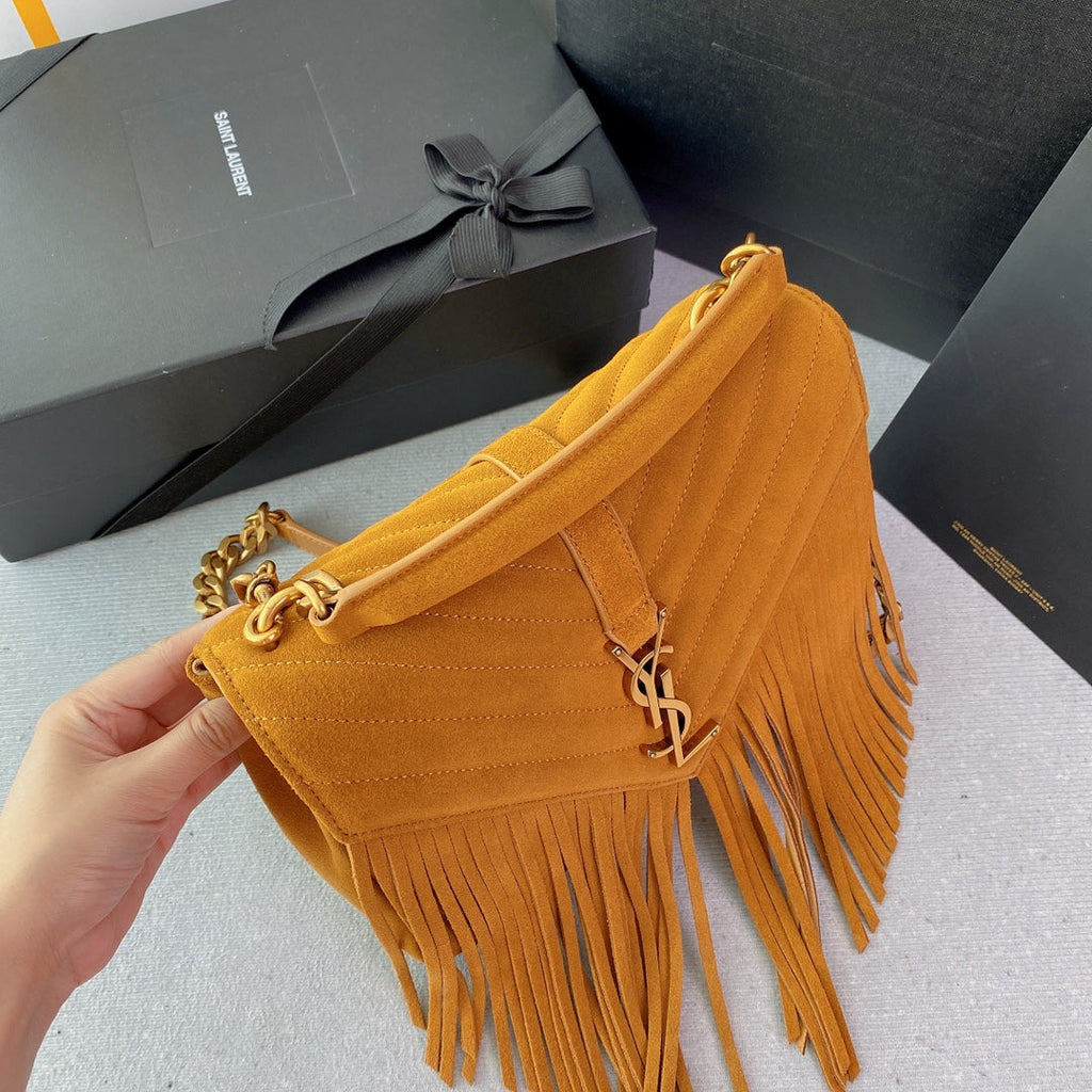 SAINT LAURENT COLLEGE TASSEL 24 IN ORANGE PEEL SUEDE GOLD HARDWARE