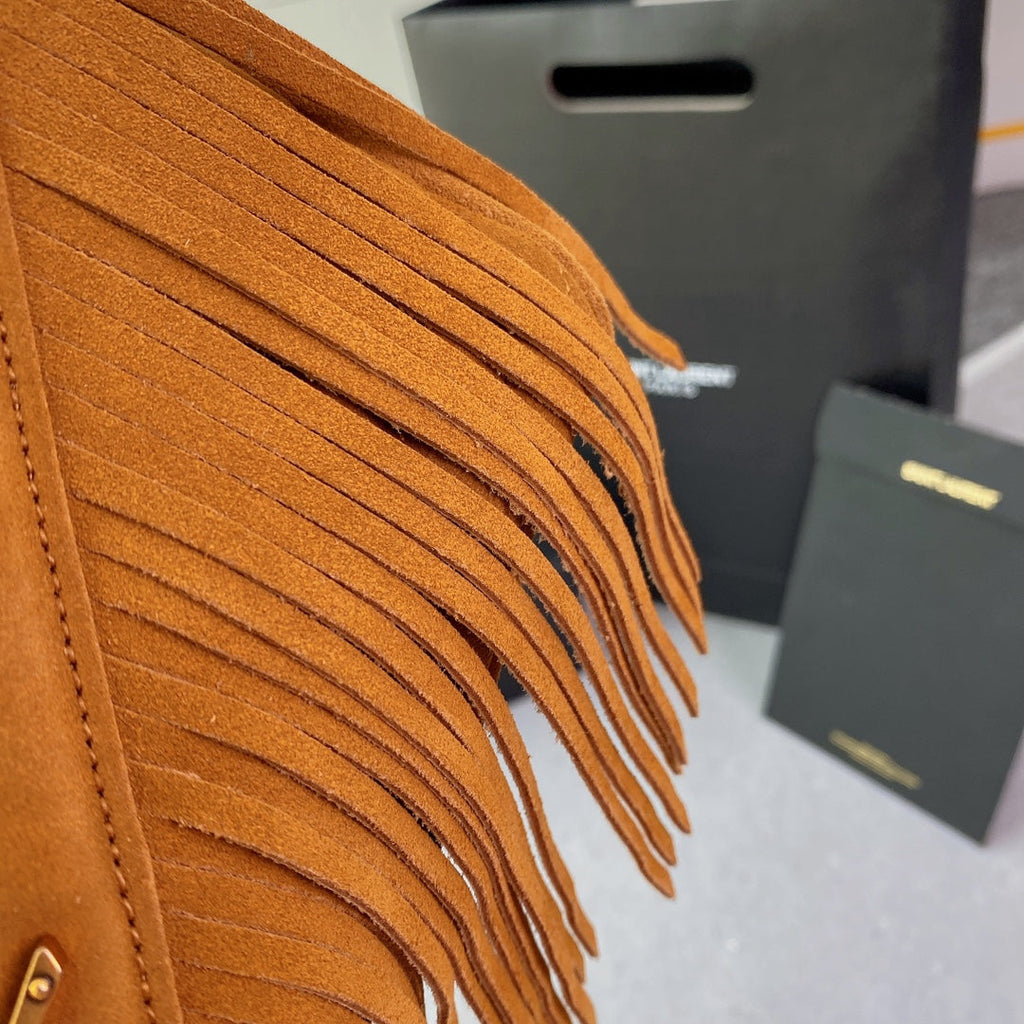 SAINT LAURENT COLLEGE TASSEL 24 IN ORANGE PEEL SUEDE GOLD HARDWARE