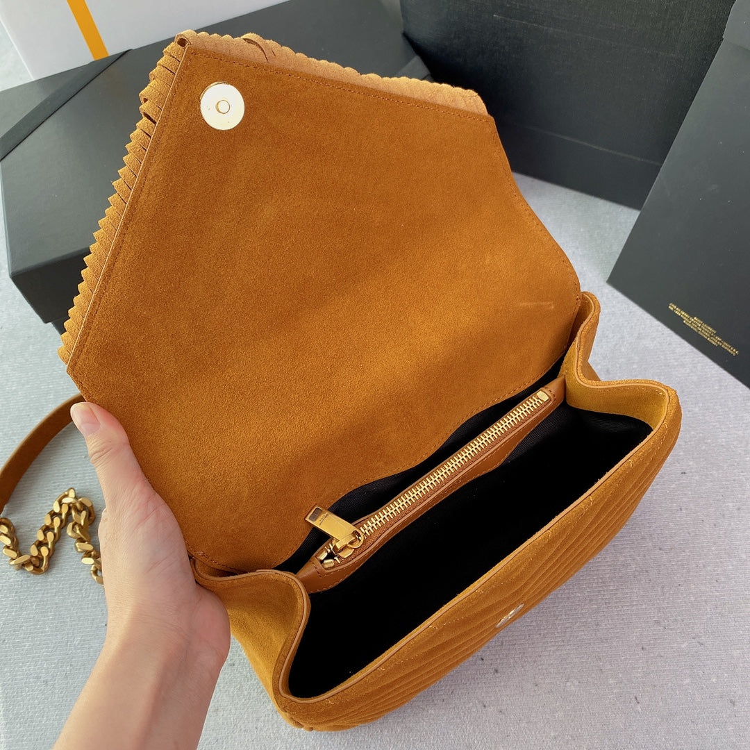 SAINT LAURENT COLLEGE TASSEL 24 IN ORANGE PEEL SUEDE GOLD HARDWARE