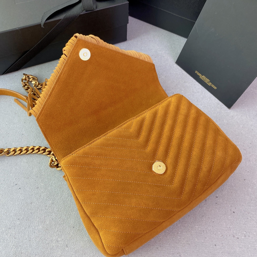 SAINT LAURENT COLLEGE TASSEL 24 IN ORANGE PEEL SUEDE GOLD HARDWARE