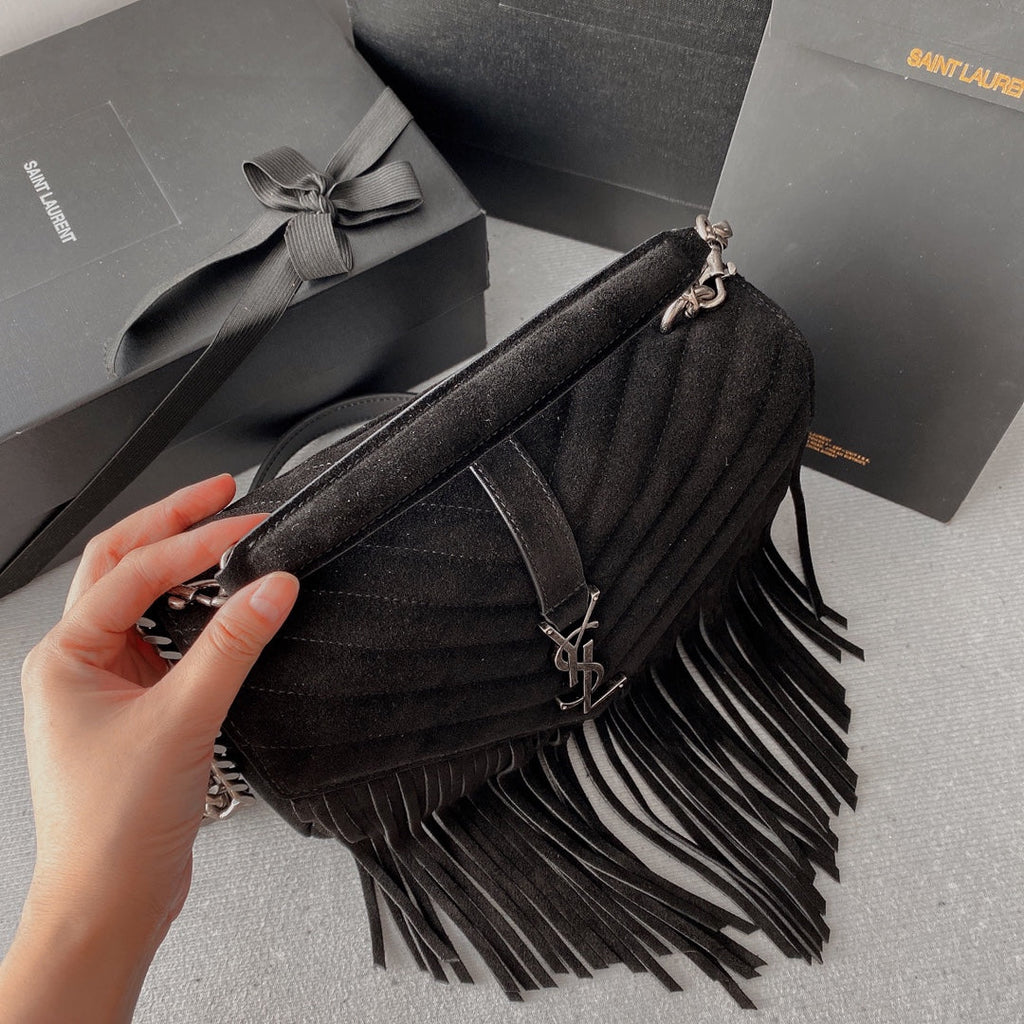 SAINT LAURENT COLLEGE TASSEL 24 IN BLACK SUEDE SILVER HARDWARE