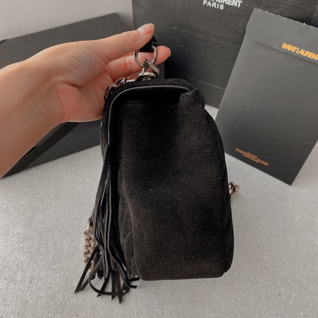 SAINT LAURENT COLLEGE TASSEL 24 IN BLACK SUEDE SILVER HARDWARE