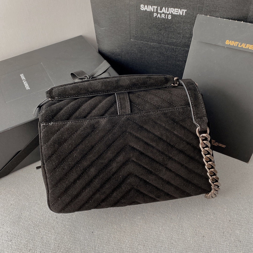 SAINT LAURENT COLLEGE TASSEL 24 IN BLACK SUEDE SILVER HARDWARE