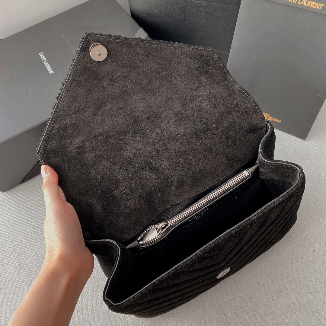 SAINT LAURENT COLLEGE TASSEL 24 IN BLACK SUEDE SILVER HARDWARE