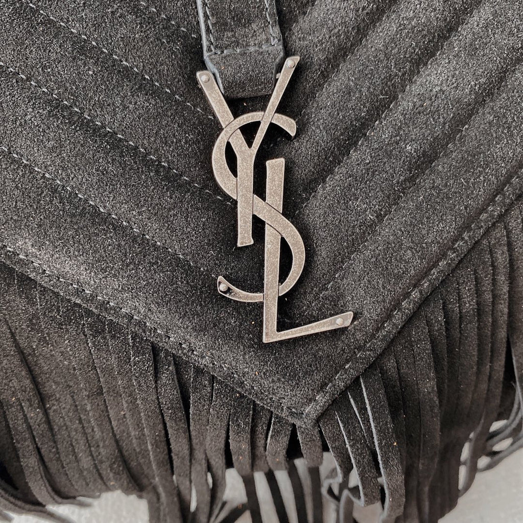 SAINT LAURENT COLLEGE TASSEL 24 IN BLACK SUEDE SILVER HARDWARE