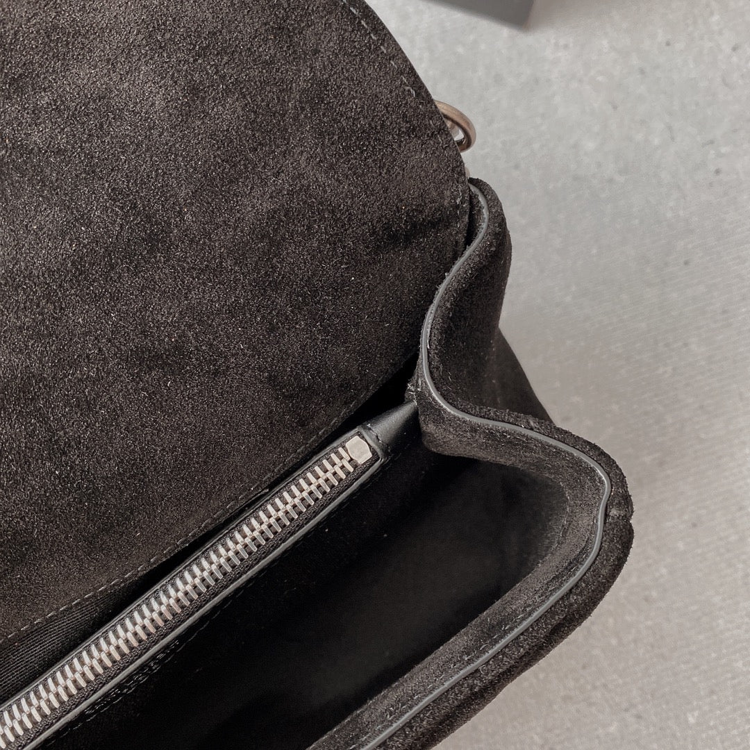 SAINT LAURENT COLLEGE TASSEL 24 IN BLACK SUEDE SILVER HARDWARE