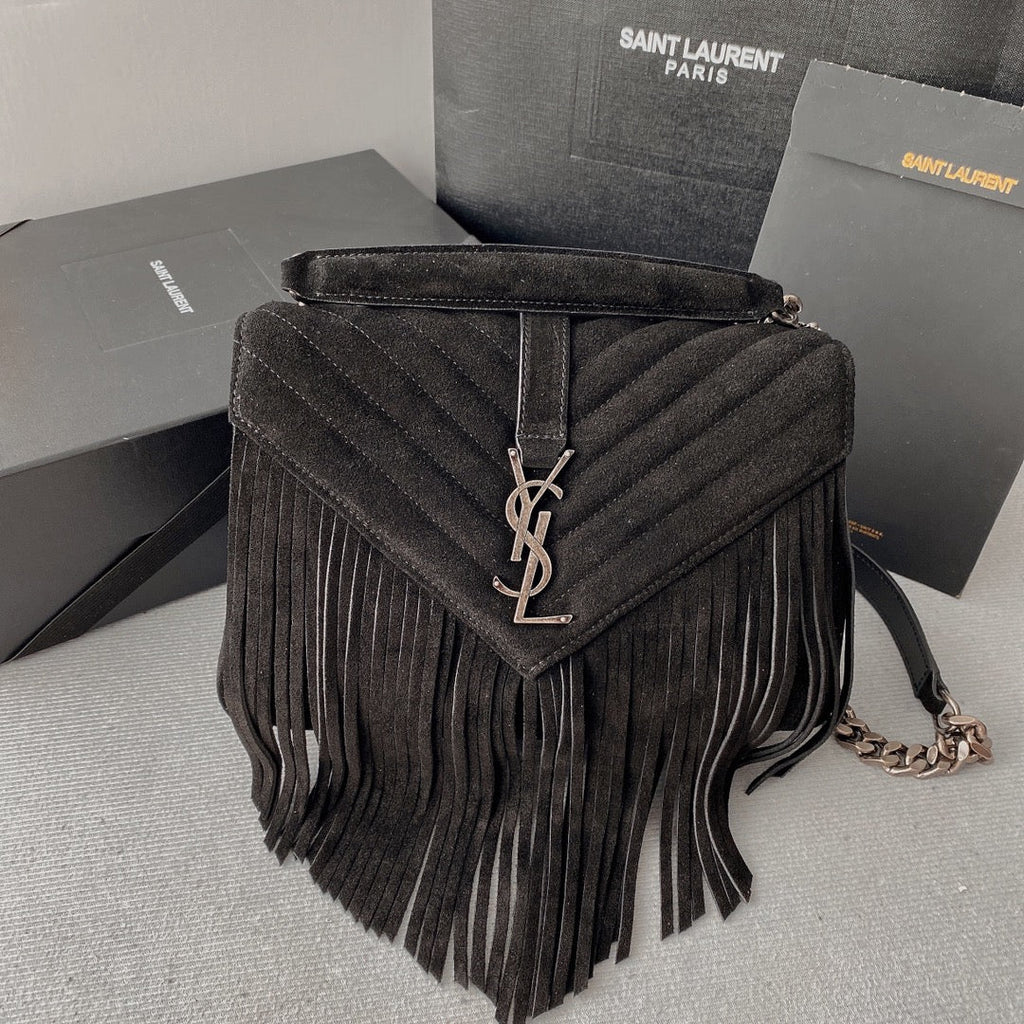 SAINT LAURENT COLLEGE TASSEL 24 IN BLACK SUEDE SILVER HARDWARE
