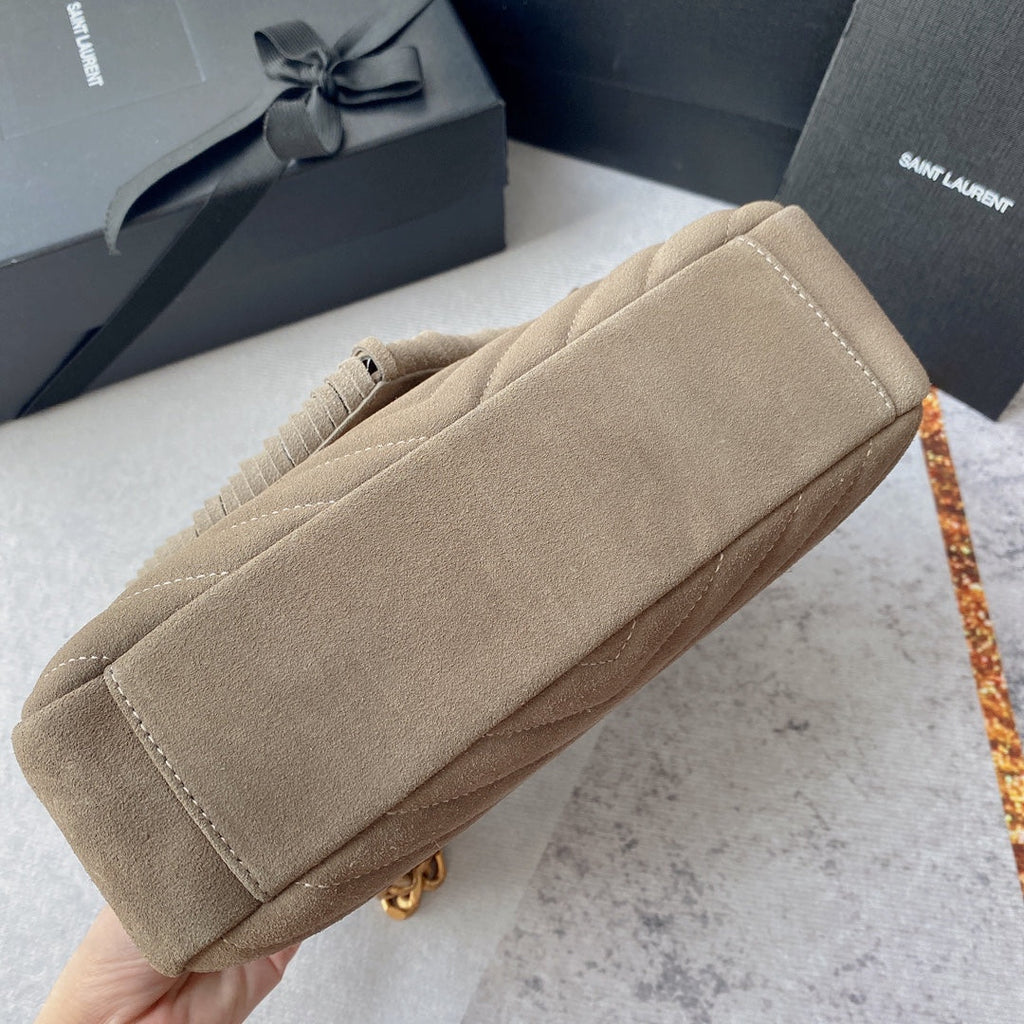 SAINT LAURENT COLLEGE TASSEL 24 IN LIGHT FAWN SUEDE GOLD HARDWARE