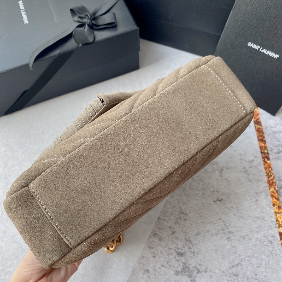 SAINT LAURENT COLLEGE TASSEL 24 IN LIGHT FAWN SUEDE GOLD HARDWARE