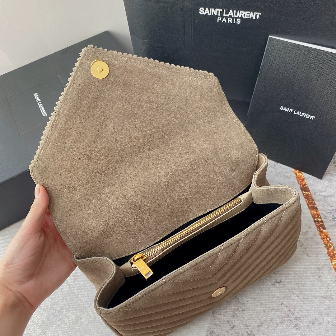 SAINT LAURENT COLLEGE TASSEL 24 IN LIGHT FAWN SUEDE GOLD HARDWARE