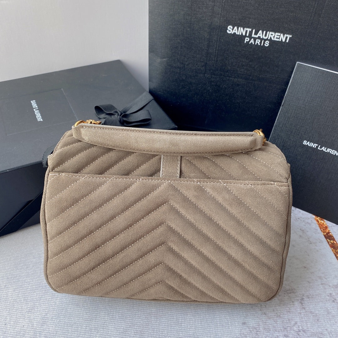 SAINT LAURENT COLLEGE TASSEL 24 IN LIGHT FAWN SUEDE GOLD HARDWARE