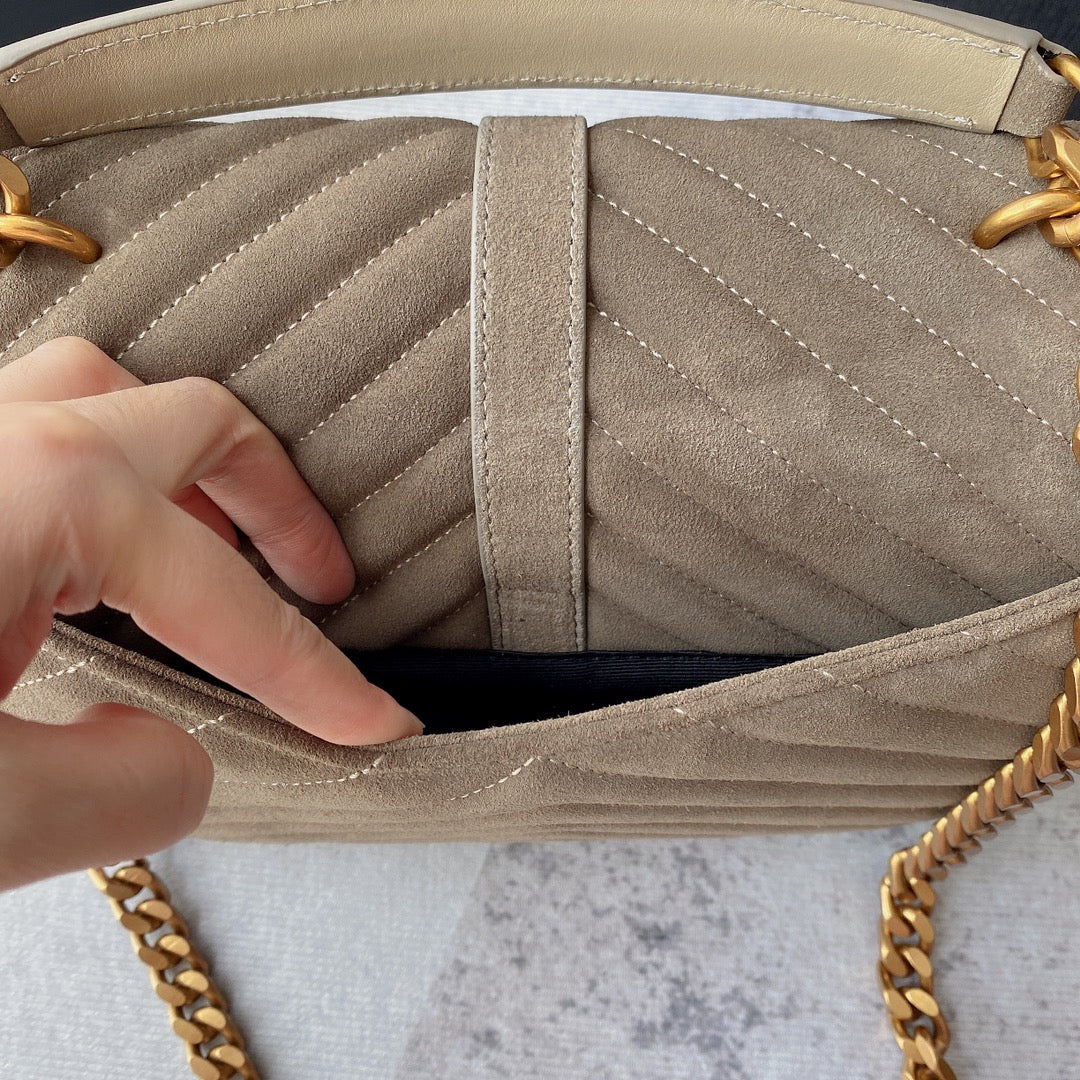 SAINT LAURENT COLLEGE TASSEL 24 IN LIGHT FAWN SUEDE GOLD HARDWARE
