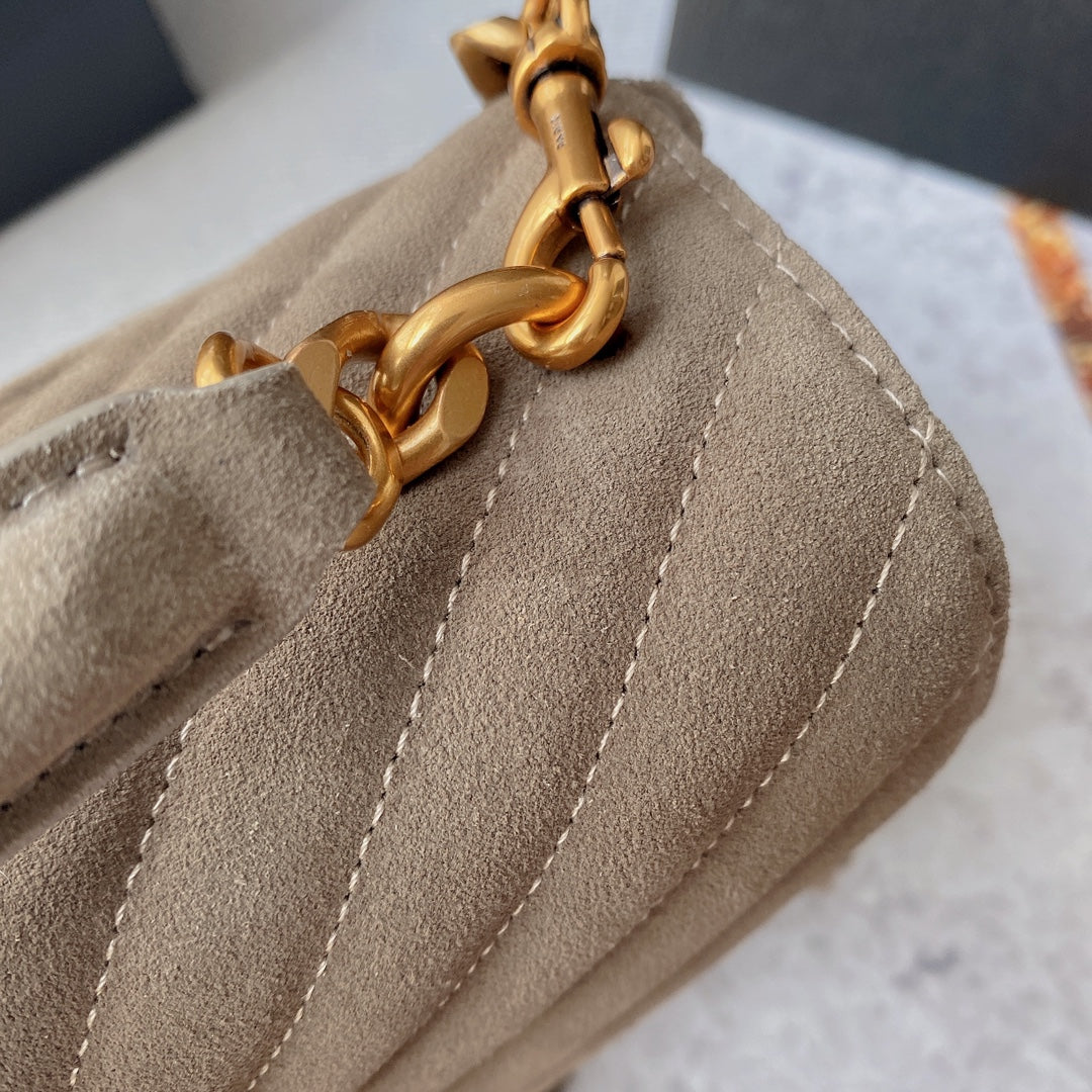 SAINT LAURENT COLLEGE TASSEL 24 IN LIGHT FAWN SUEDE GOLD HARDWARE