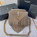 SAINT LAURENT COLLEGE TASSEL 24 IN LIGHT FAWN SUEDE GOLD HARDWARE