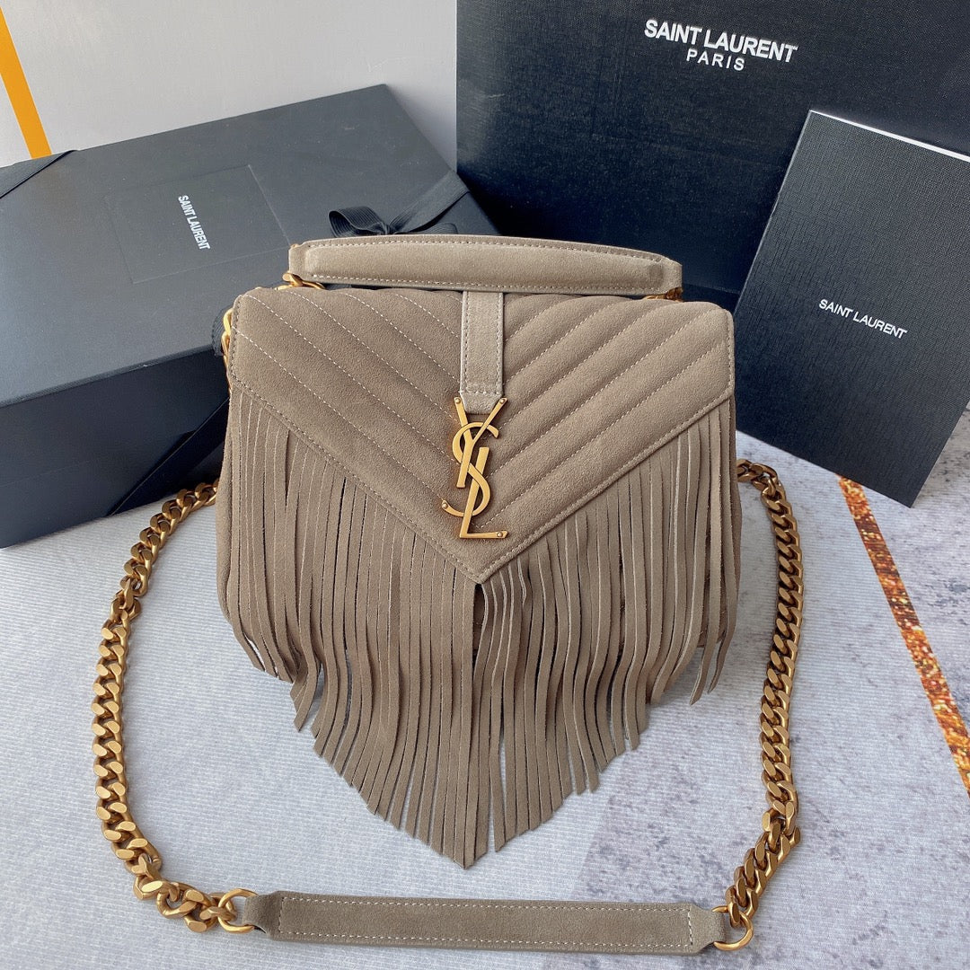 SAINT LAURENT COLLEGE TASSEL 24 IN LIGHT FAWN SUEDE GOLD HARDWARE