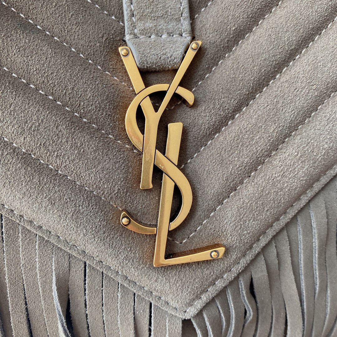 SAINT LAURENT COLLEGE TASSEL 24 IN LIGHT FAWN SUEDE GOLD HARDWARE