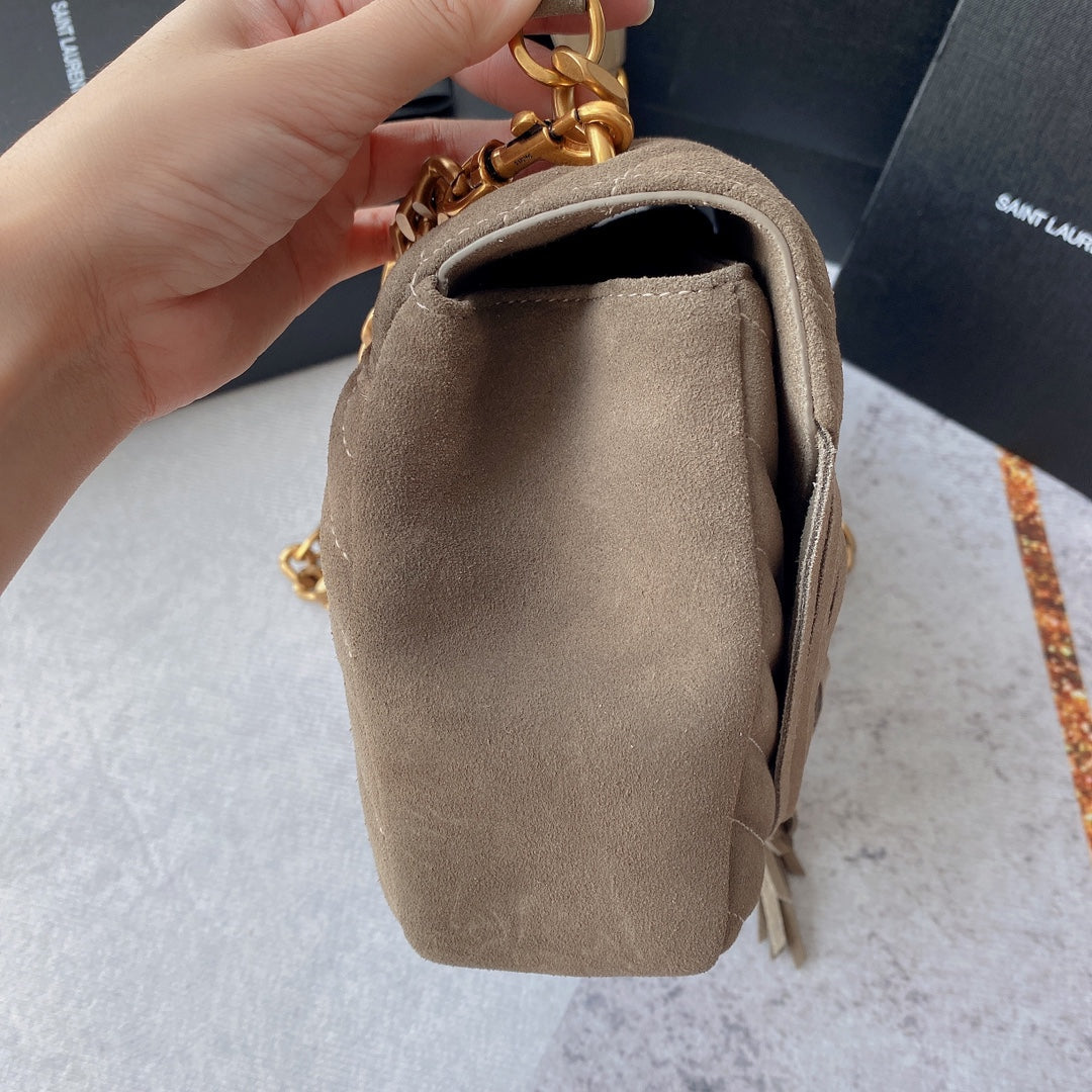 SAINT LAURENT COLLEGE TASSEL 24 IN LIGHT FAWN SUEDE GOLD HARDWARE