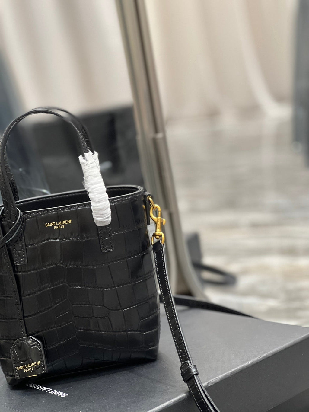 SAINT LAURENT MINI TOY SHOPPING 18 IN CROCODILE-EMBOSSED BLACK CALFSKIN